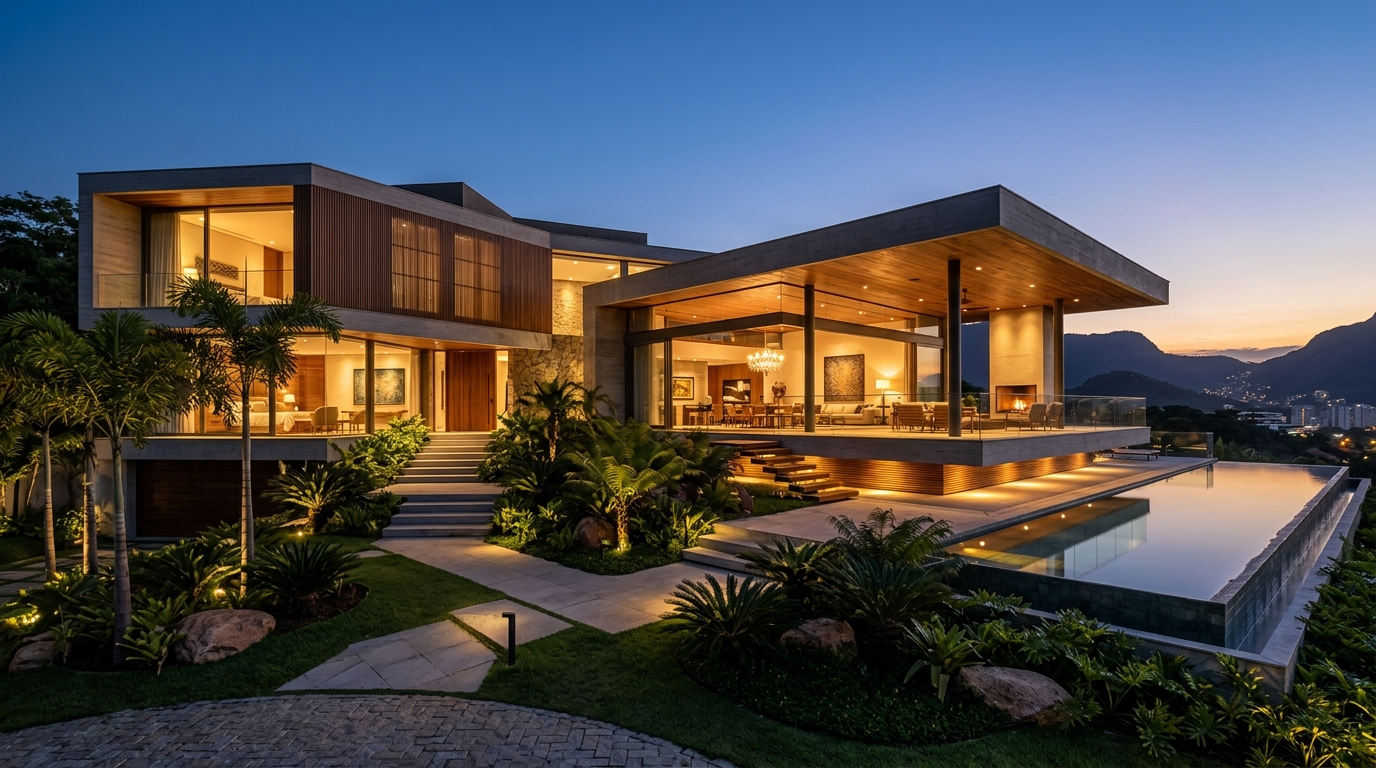 Propriedade imobiliária contemporânea de alto padrão ao entardecer